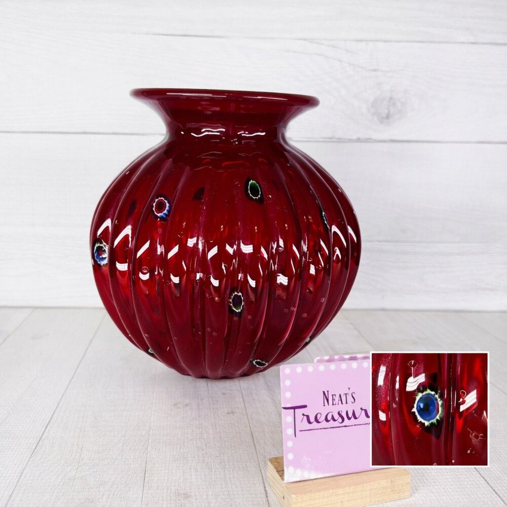 Hand Blown Cranberry Red Optic Ribbed Controlled Bubbles 8.5" T Art Glass Vase